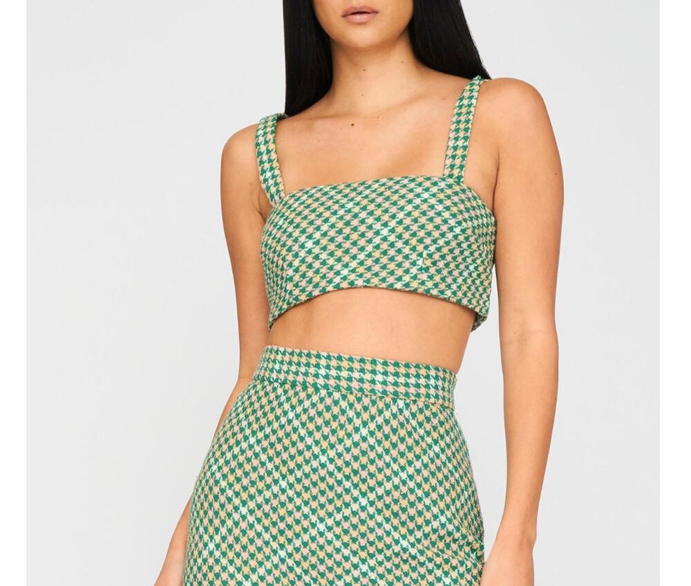 By Johnny Demi Tween Bra Top Green Tan Knit Houndstooth Crop Top, US 6 AU 10